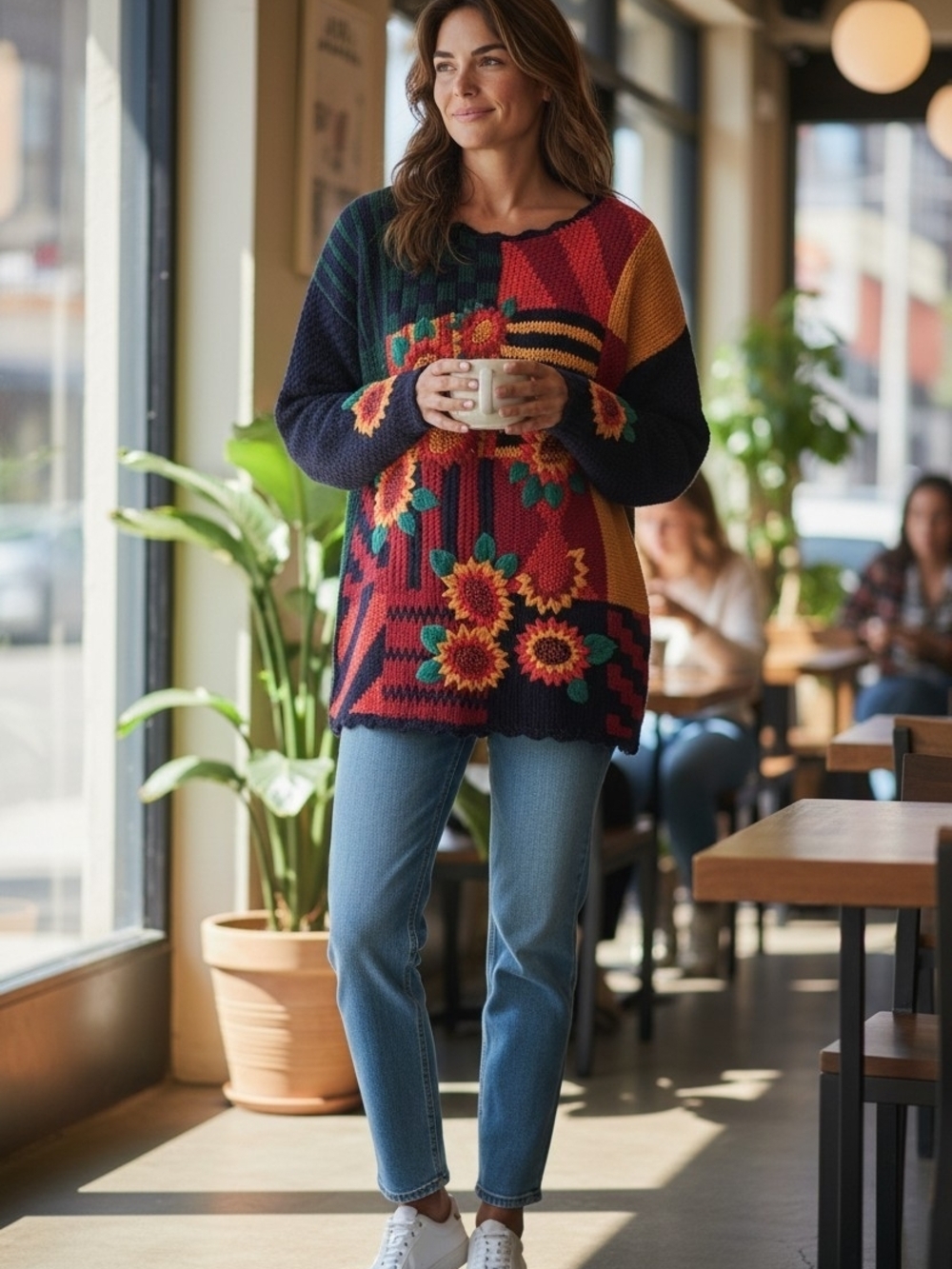 Floral Patchwork Crewneck Sweater - Multicolor